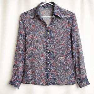 Sheer Blouse Blue Red Colorful Floral Print Allover Button Down Long Sleeves